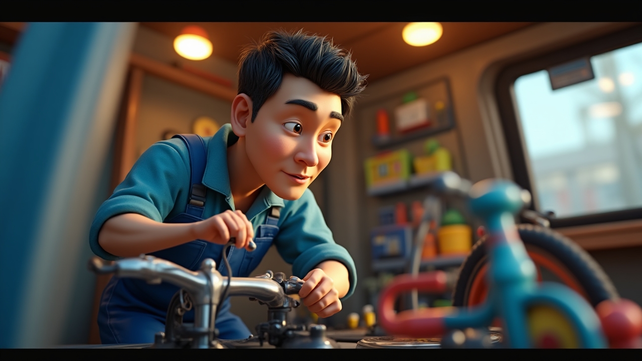 A mechanic focused on adjusting bicycle brakes inside the mobile workshop van