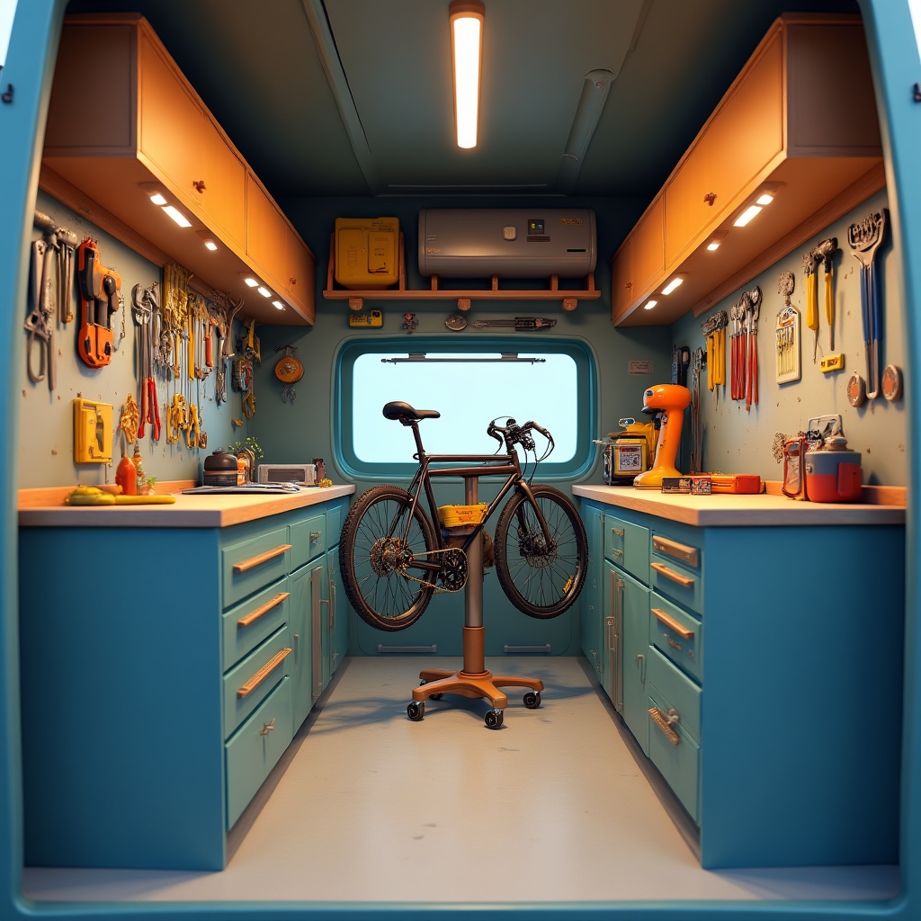 Interior view of the mobile workshop van showing custom storage and repair equipment