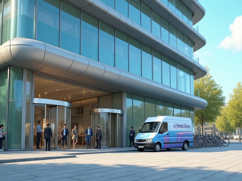 A modern London office building with the VelociVan mobile workshop parked outside