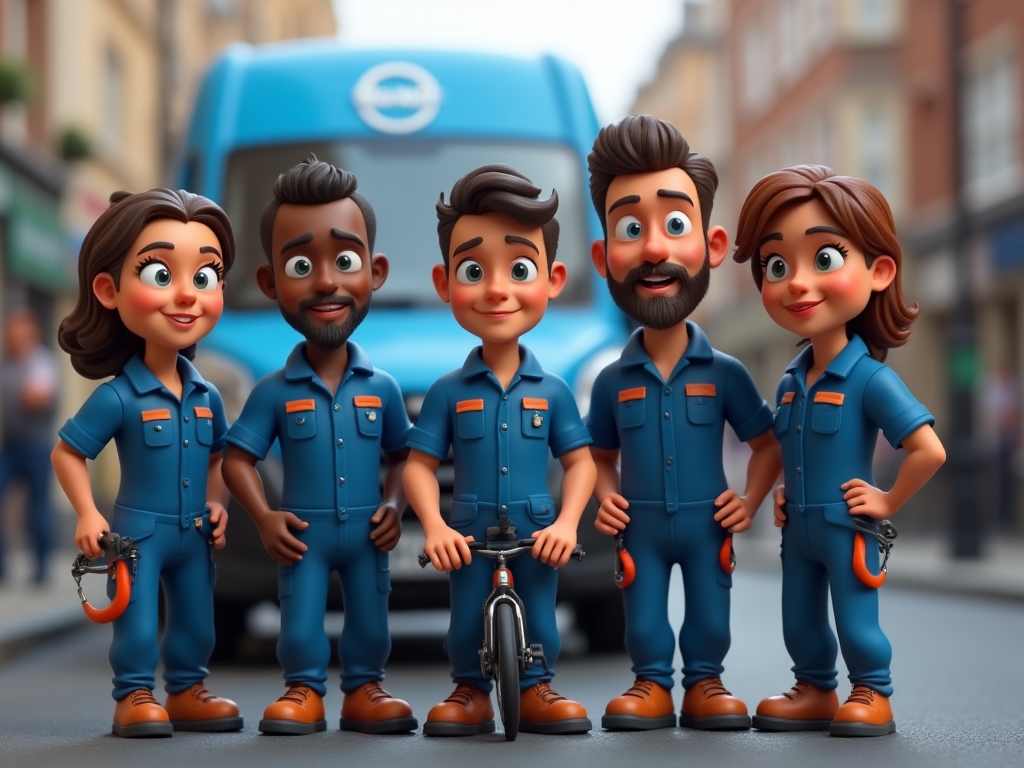 The VelociVan bicycle repair team standing in front of their mobile workshop van